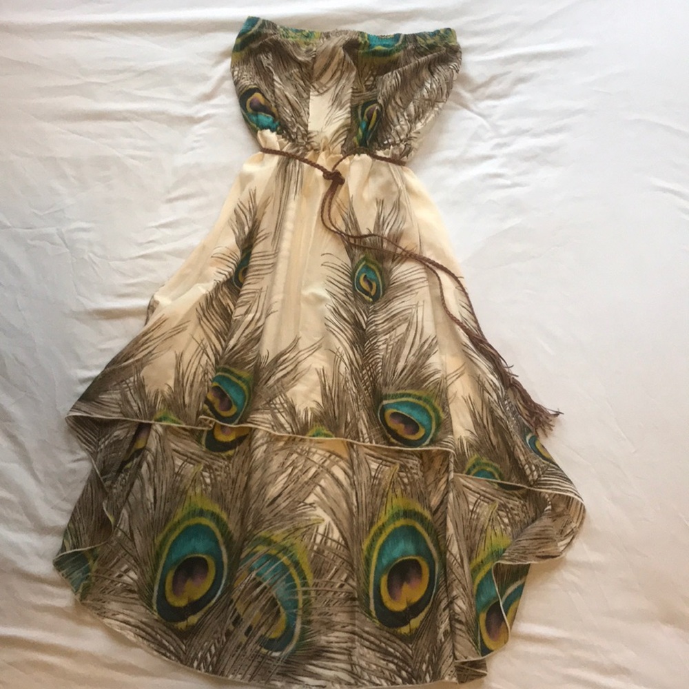 Strapless peacock hi-low dress